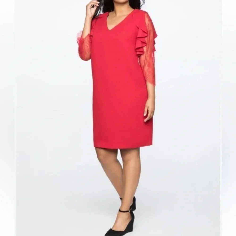 Eloquii• Red Flutter Lace Sleeve Dress